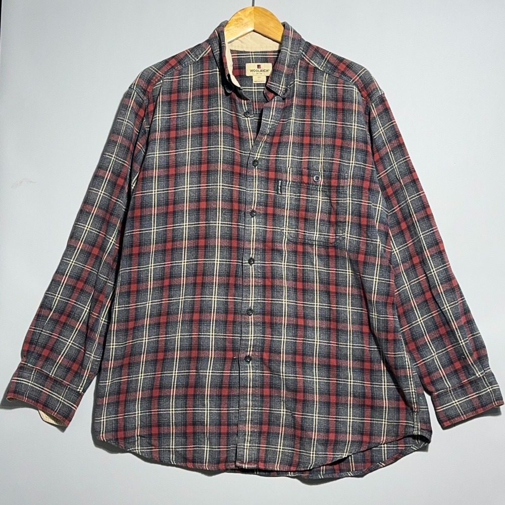 Woolrich Flannel Button Down Shirt Mens Size Large Cotton‎ Plaid Red Grey